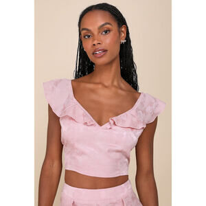 Lulus Exemplary Cutie Light Pink Satin Jacquard Ruffled Crop Top - Size XS